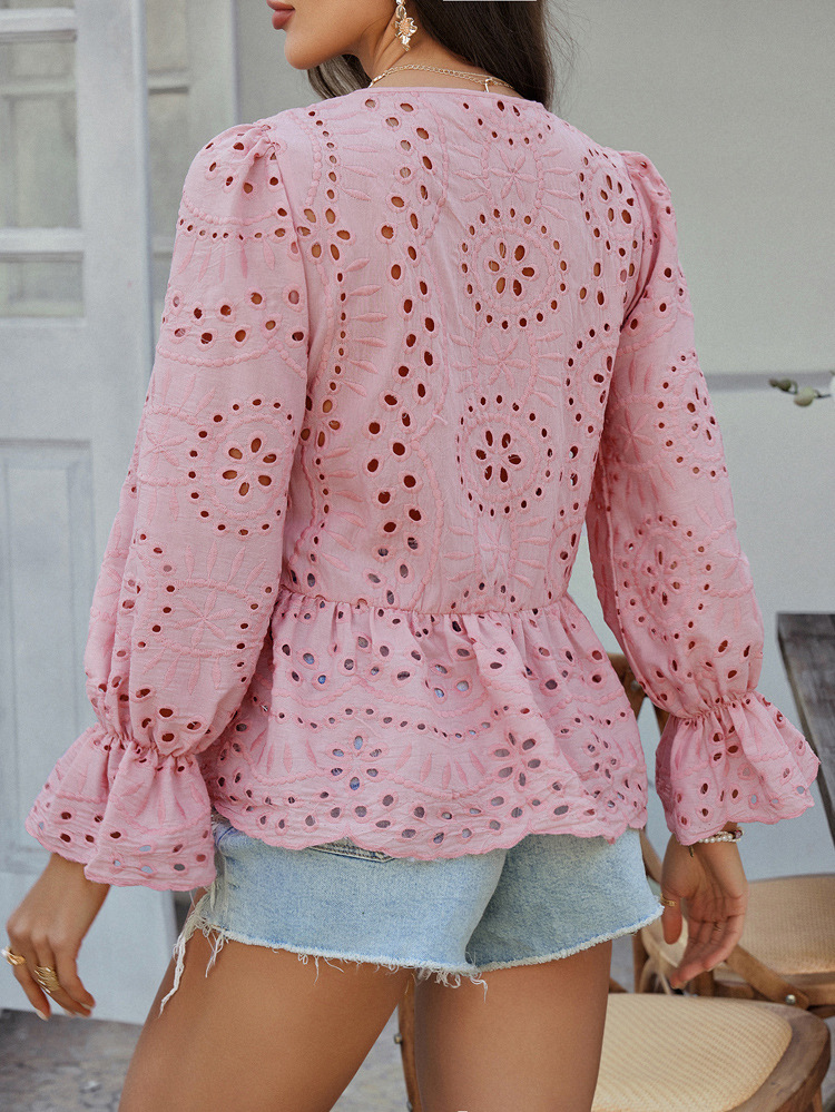 Elegant Loose Lace-Up Cardigan Solid Color Hollow-Out Women's Blouse