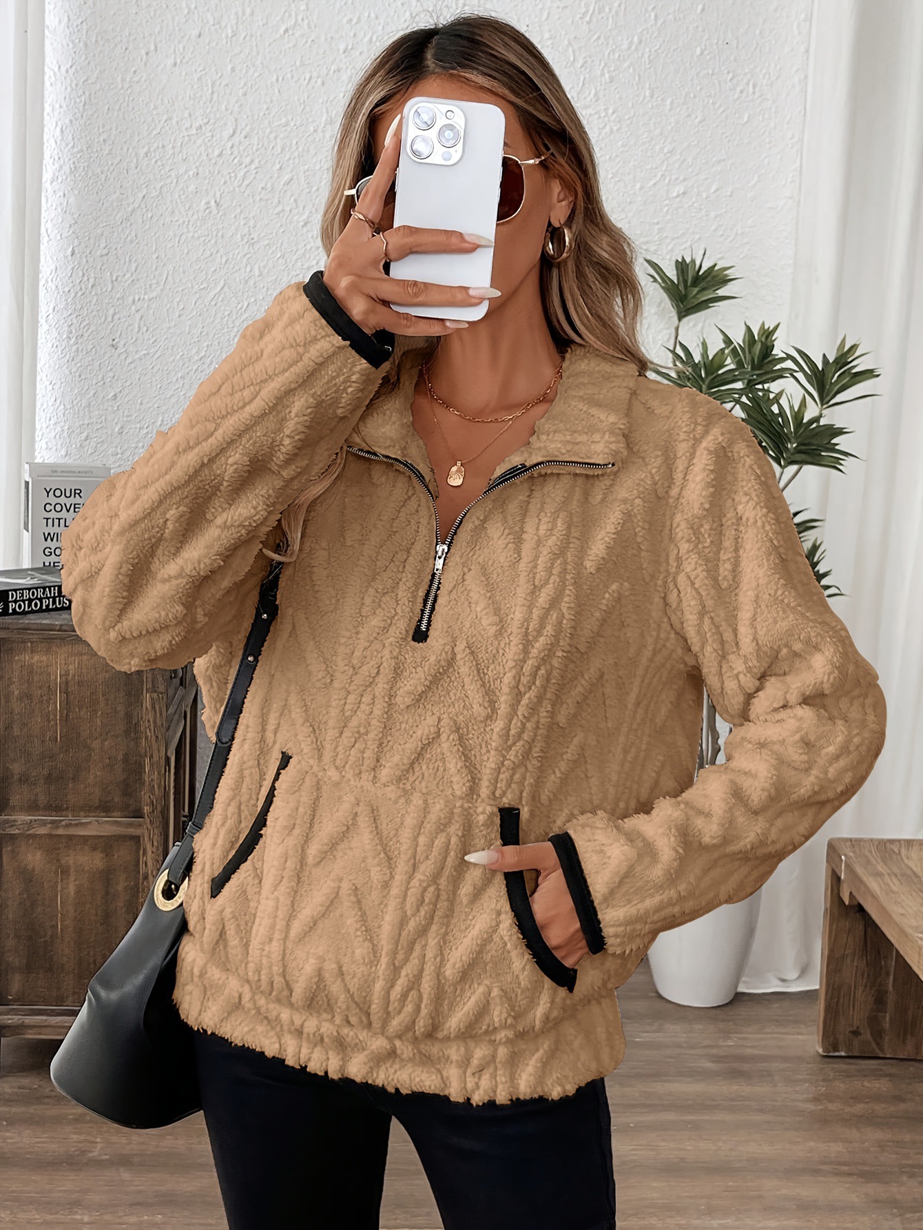 Women's Casual Pocket Zipper V Neck Lambswool Lining Sweatshirt