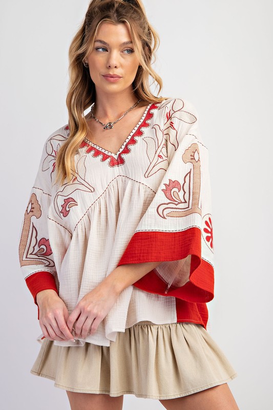 Women's Elegant V-Neck Patchwork Flared Sleeve Colorblock Loose Top