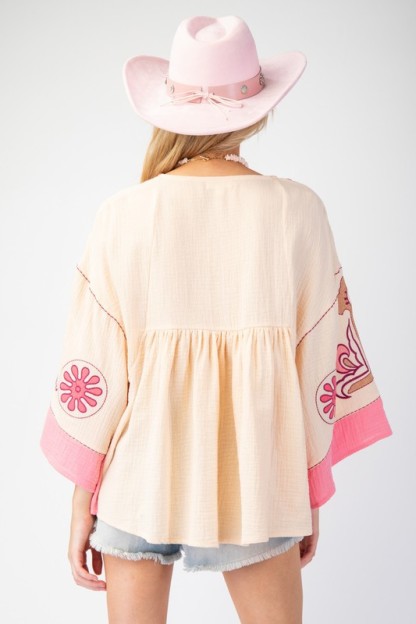 Women's Elegant V-Neck Patchwork Flared Sleeve Colorblock Loose Top