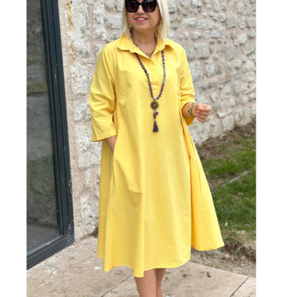New Long Shirt Dress – Solid Color, Elegant Commuter Style with Turn-Down Collar