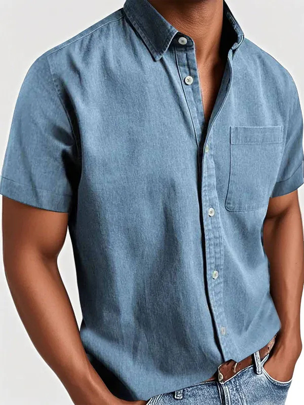 Men's Classic Vintage Washed Gentleman Casual Pocket Short Sleeve Shirt