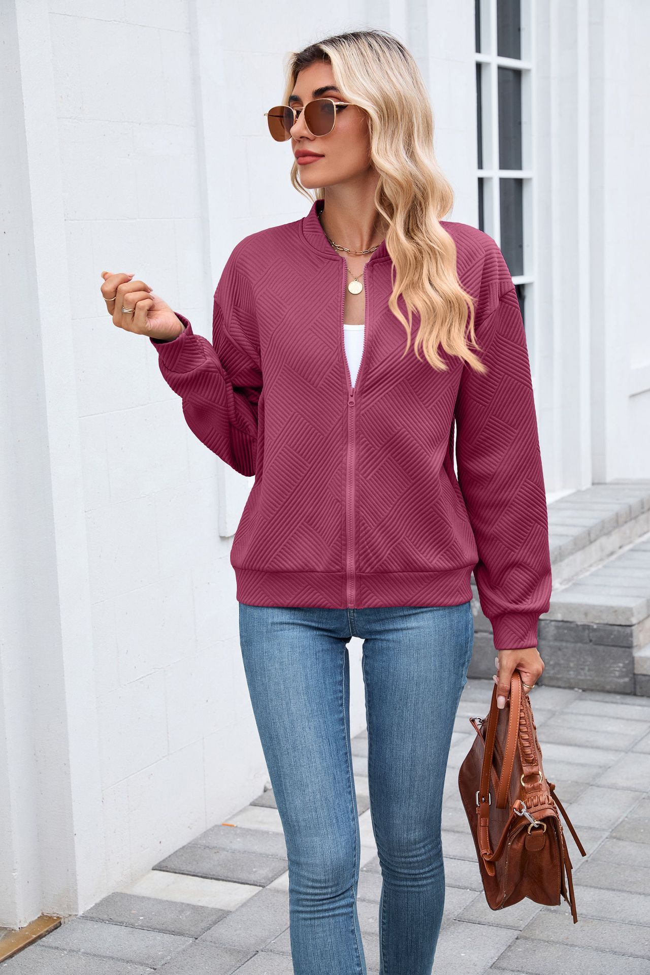 New solid color round neck zipper loose long sleeve sweatshirt baseball jacket