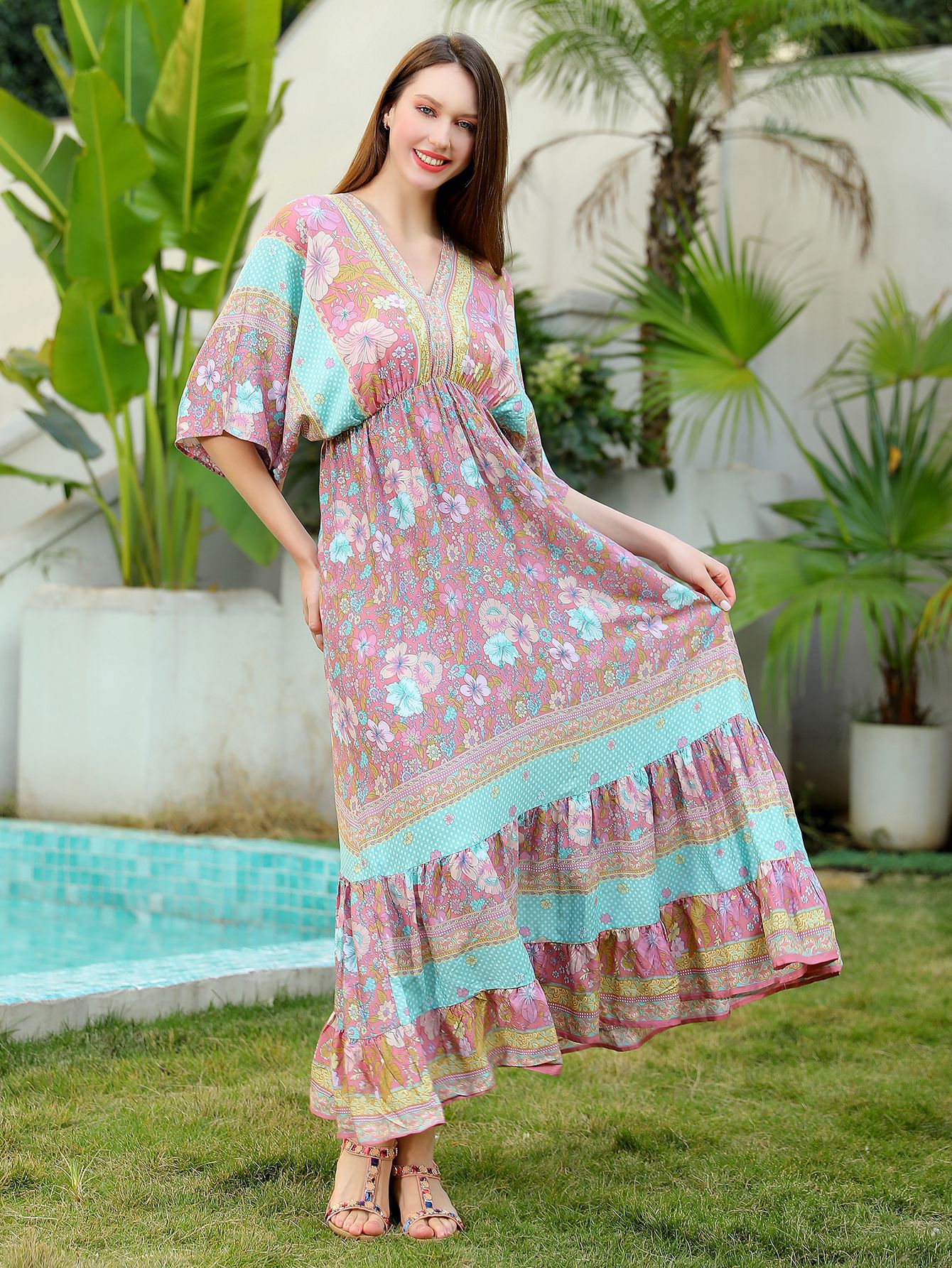 Women's Elegant Loose Cotton Floral Print Dress-One Size
