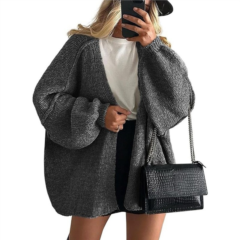 Women’s Oversized Knit Cardigan – 2025 Fall Long Lantern Sleeve Open-Front Sweater