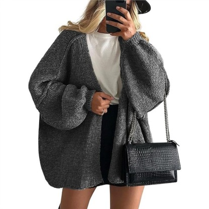 Women’s Oversized Knit Cardigan – 2025 Fall Long Lantern Sleeve Open-Front Sweater