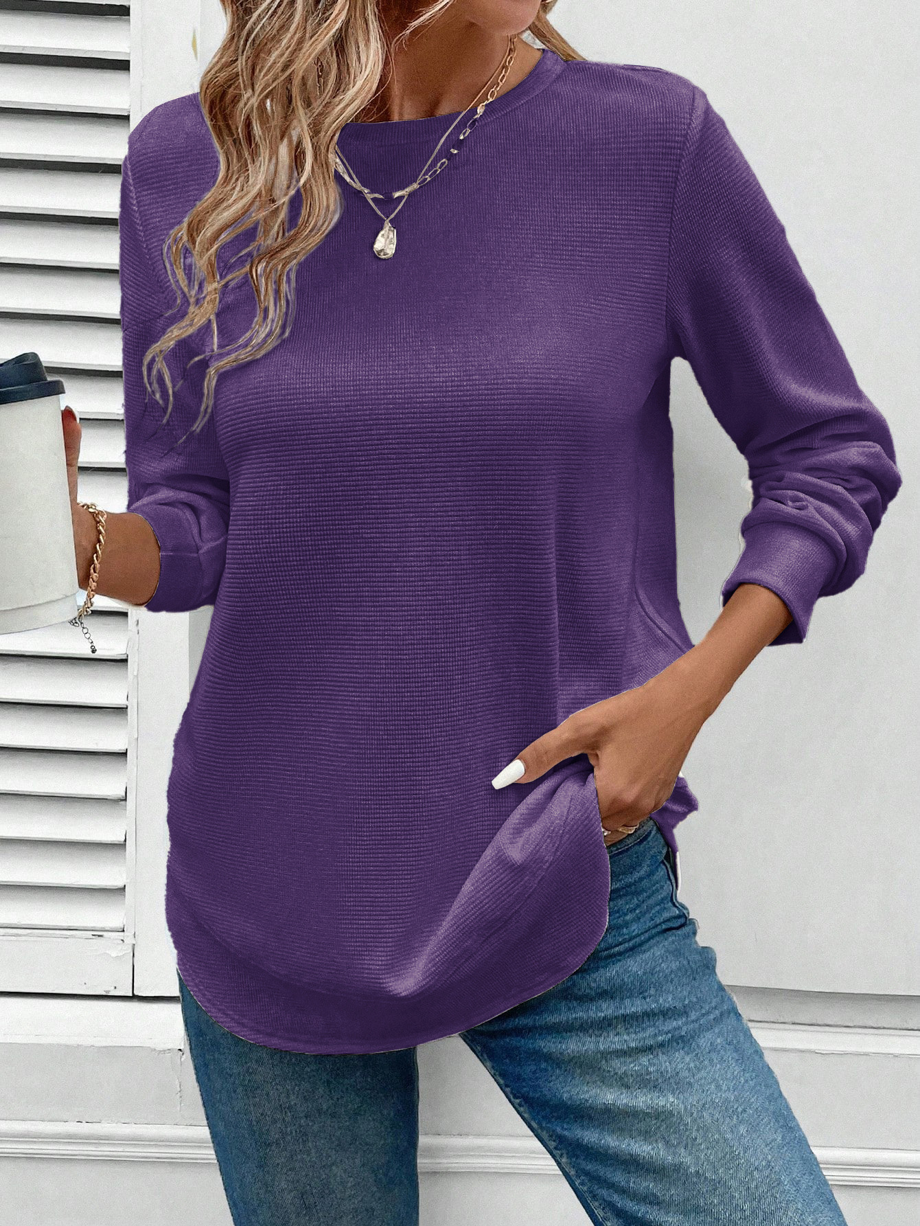 Rounded Neck Waffle Long Sleeve Top