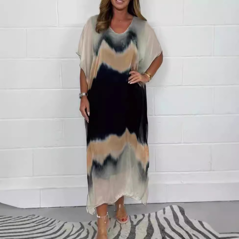 Women's Comfortable Long Chiffon Casual Colorblock Lightweight Dress