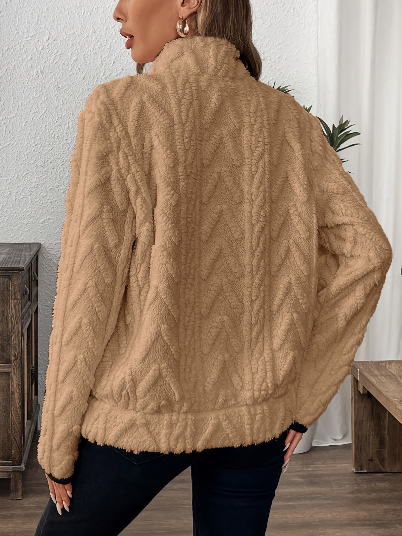 Women's Casual Pocket Zipper V Neck Lambswool Lining Sweatshirt