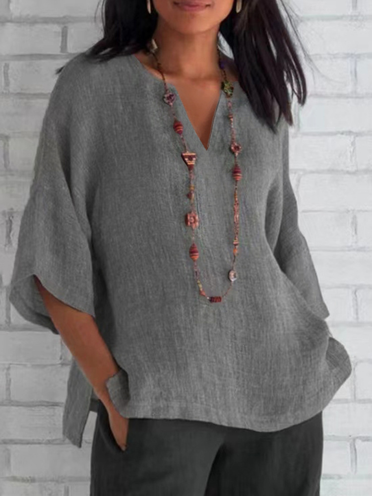 Women's Casual Cotton-Linen Loose V-Neck Shirt