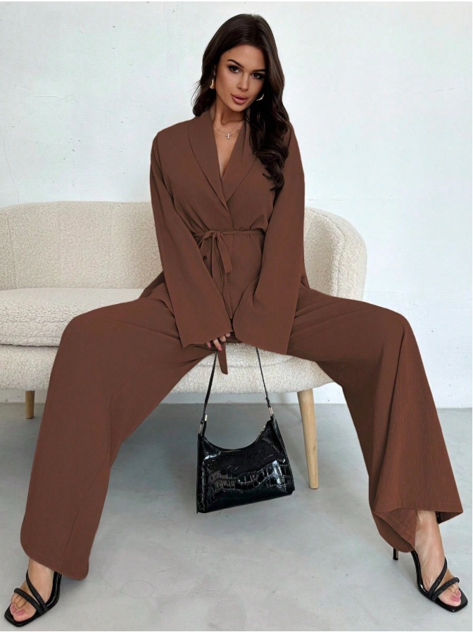 V-neck Elegant Long-Sleeve Wide-Leg Pantsuit