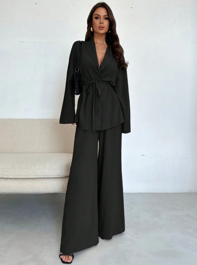 V-neck Elegant Long-Sleeve Wide-Leg Pantsuit