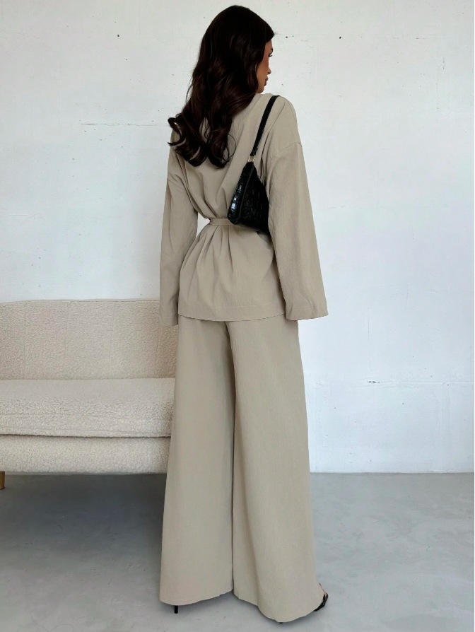 V-neck Elegant Long-Sleeve Wide-Leg Pantsuit