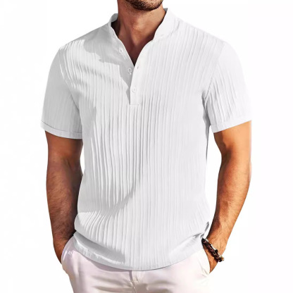 Men's Vintage Casual Loose Fit Stand Collar Cotton-Linen Striped Henley Shirt