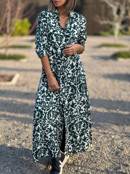 Women's Elegant Shirt Dress with Abstract Art Print