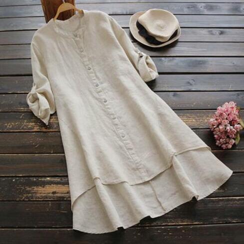 Women's Solid Color Loose Elegant Casual Cotton And Linen Shirt Dress