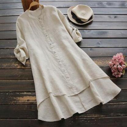 Women's Solid Color Loose Elegant Casual Cotton And Linen Shirt Dress