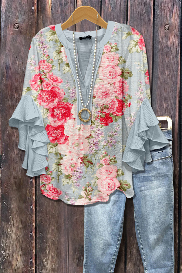 Women Floral Half Sleeve Shirt Summer Printing V Neck Daily Casual Top