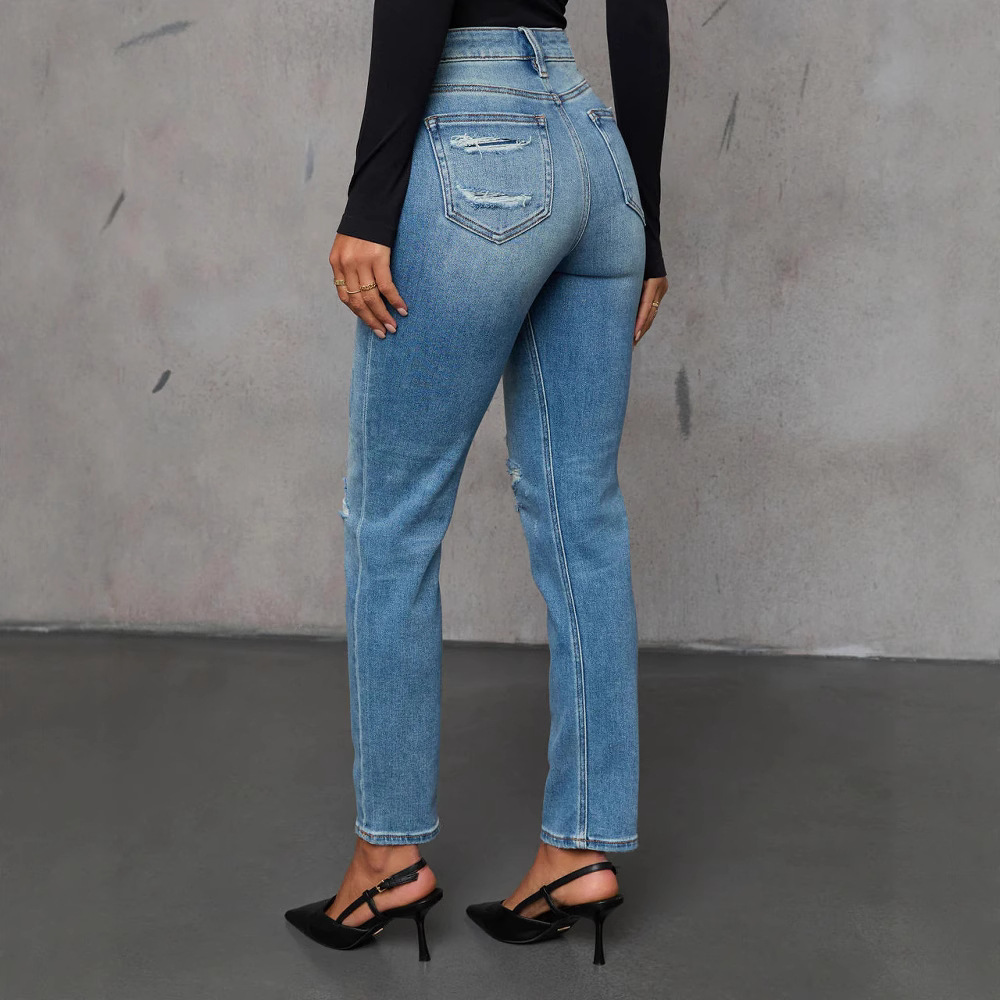Women's Stretch Elegant Straight-Leg Jeans – Washed & Distressed Fashion Denim for Office & Casual Wear
