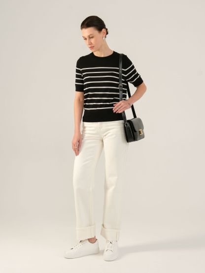 Women's Classic Striped Crew Neck Pullover Tencel Knit Top