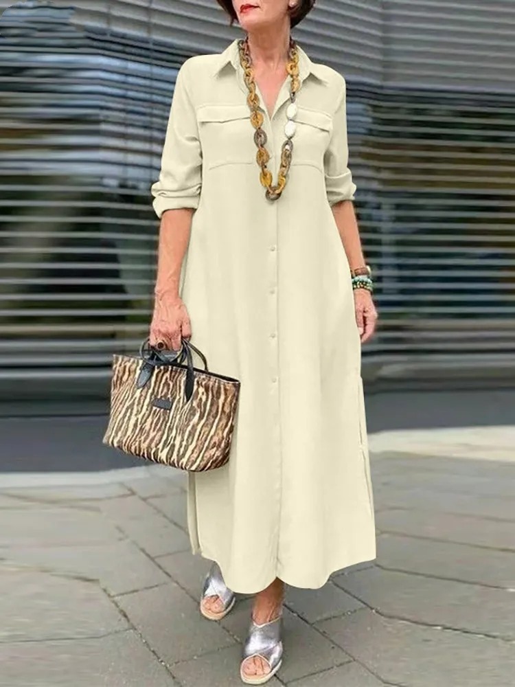 Women's New Elegant Long-Sleeve Cotton Shirt Dress with Button-Down Turn-Down Collar