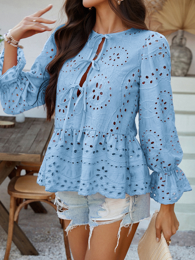 翻译如下： **Elegant Loose Lace-Up Cardigan Solid Color Hollow-Out Women's 
