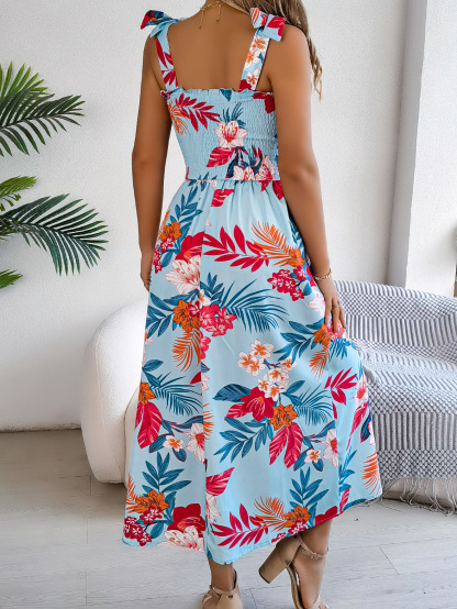 Women’s Elegant Floral Tie-Waist Spaghetti Strap Beach Maxi Dress