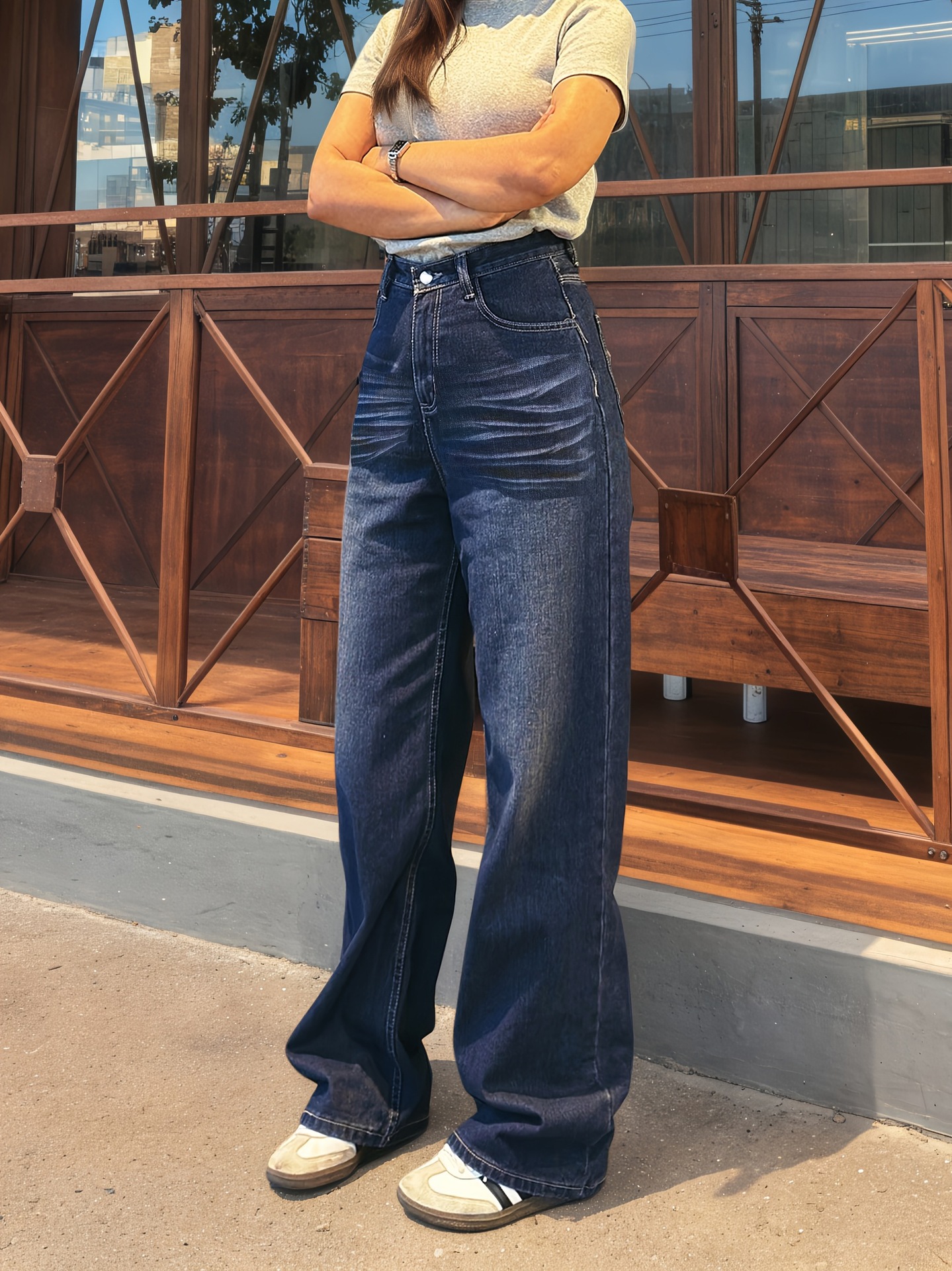 Women's Stretch Whiskered Straight-Leg Wide Jeans – Casual High-Style Denim Pants