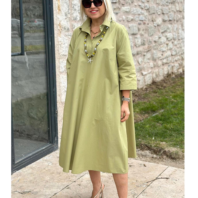 New Long Shirt Dress – Solid Color, Elegant Commuter Style with Turn-Down Collar