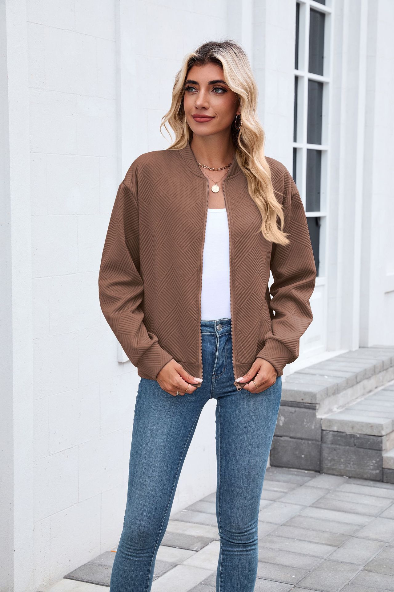 New solid color round neck zipper loose long sleeve sweatshirt baseball jacket