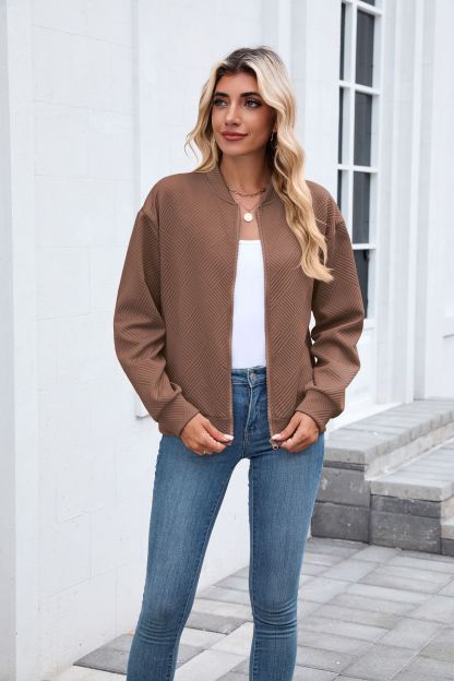 New solid color round neck zipper loose long sleeve sweatshirt baseball jacket