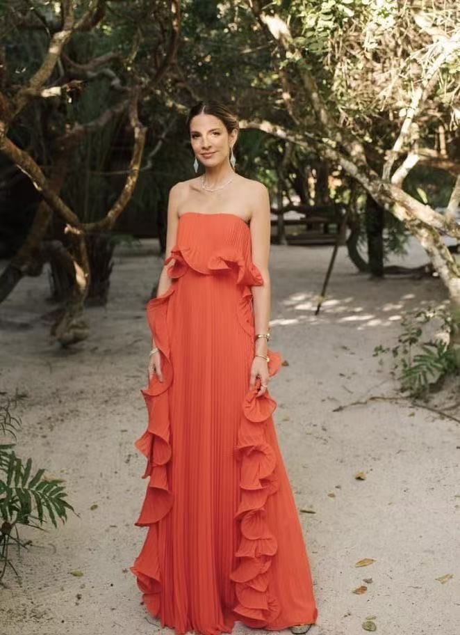 Elegant Chiffon Pleated Wavy Ruffles Trim Strapless Loose Maxi Dress