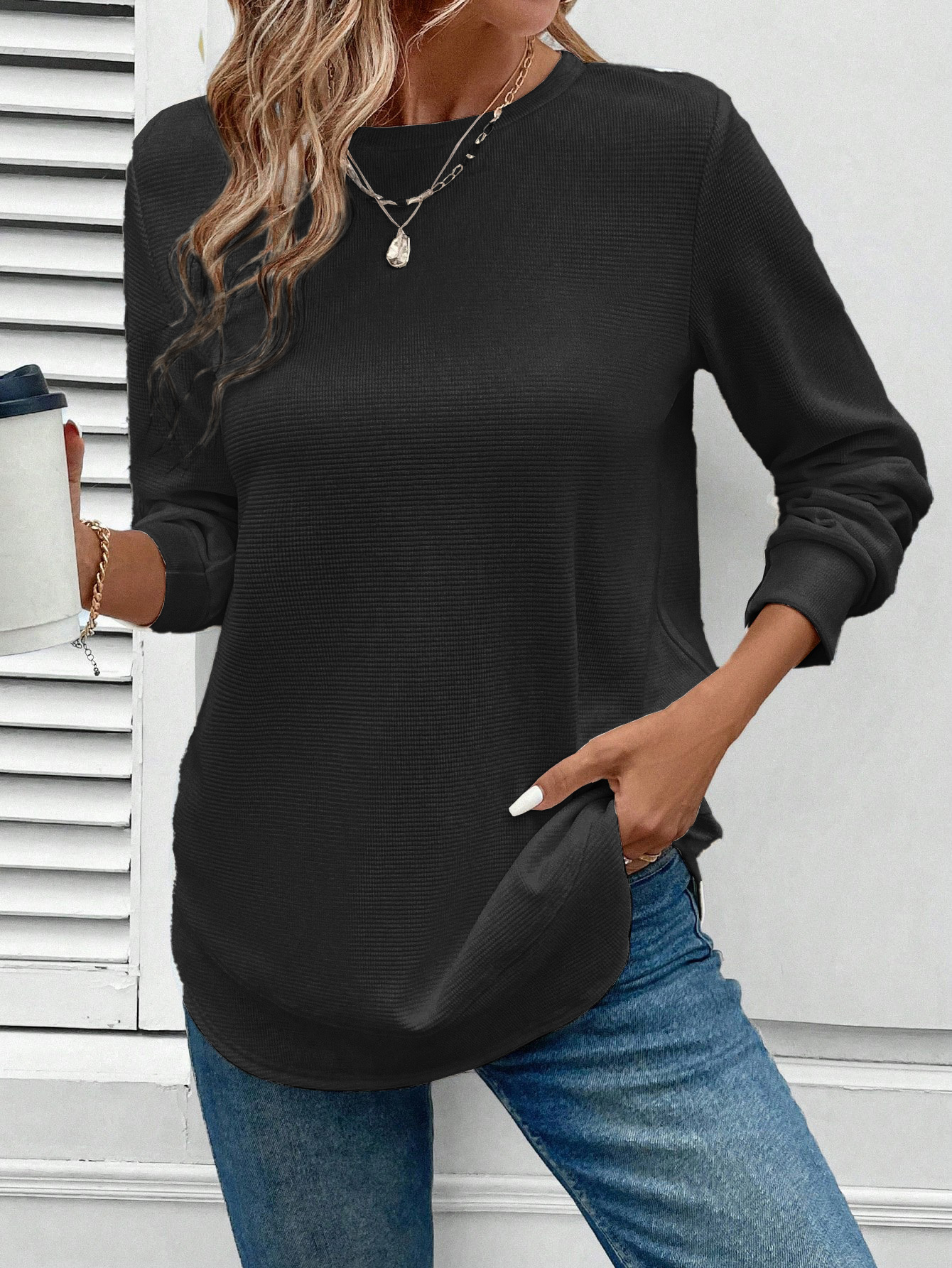 Rounded Neck Waffle Long Sleeve Top