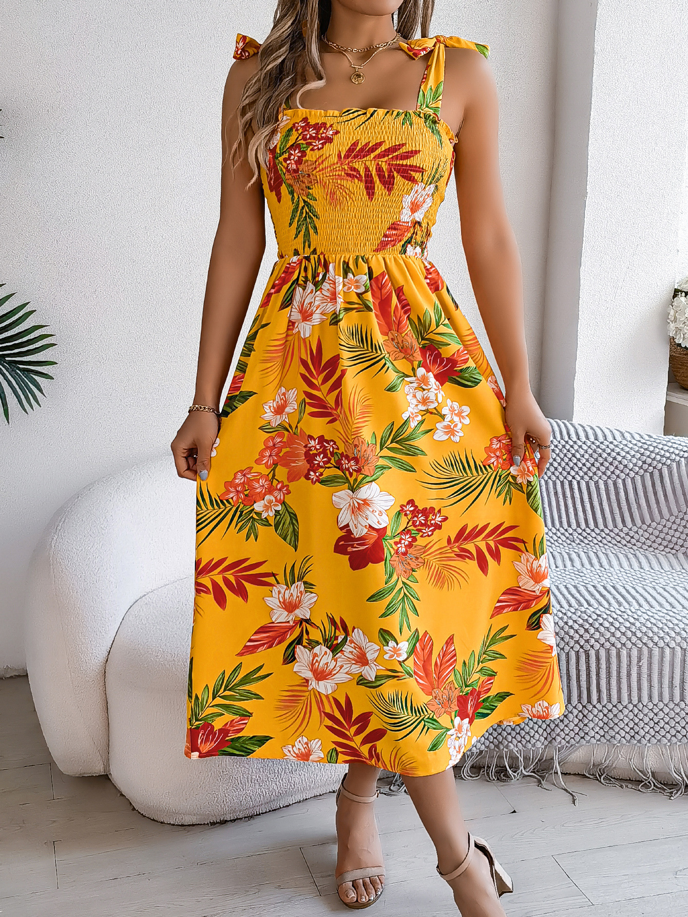 Women’s Elegant Floral Tie-Waist Spaghetti Strap Beach Maxi Dress