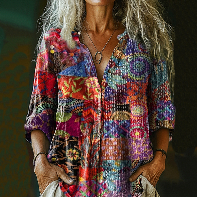 Bohemian Style Linen Floral Art Print Long Sleeve Shirt