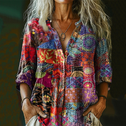 Bohemian Style Linen Floral Art Print Long Sleeve Shirt