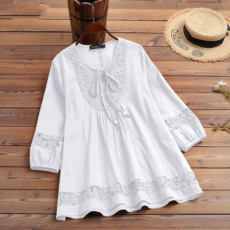 Women's Round Neck Tie Three-quarter Sleeve Hollow Embroidery Stitching Casual Cotton and Linen Top