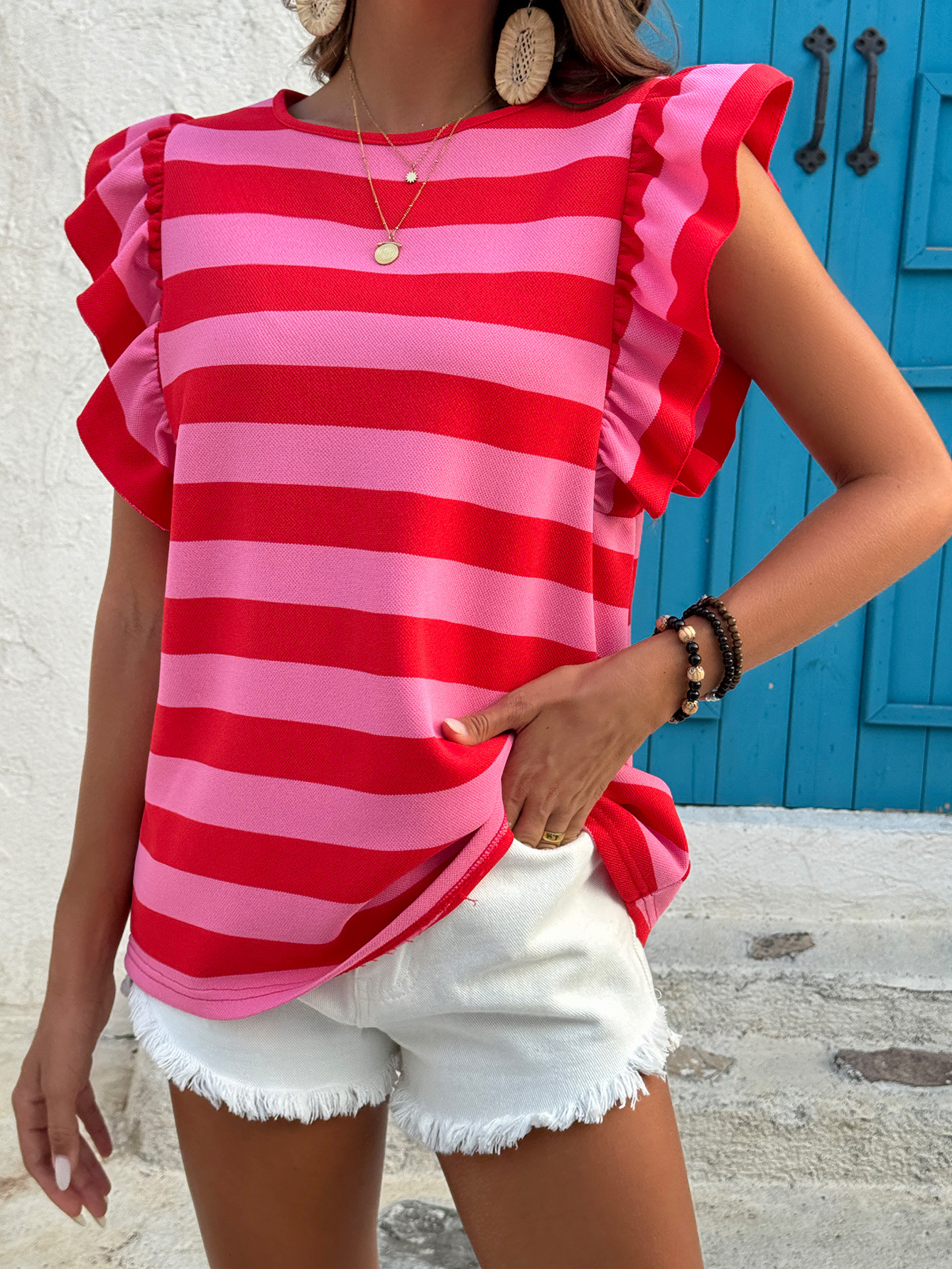 Women's Fashion Striped Short-Sleeve Ruffled Top
