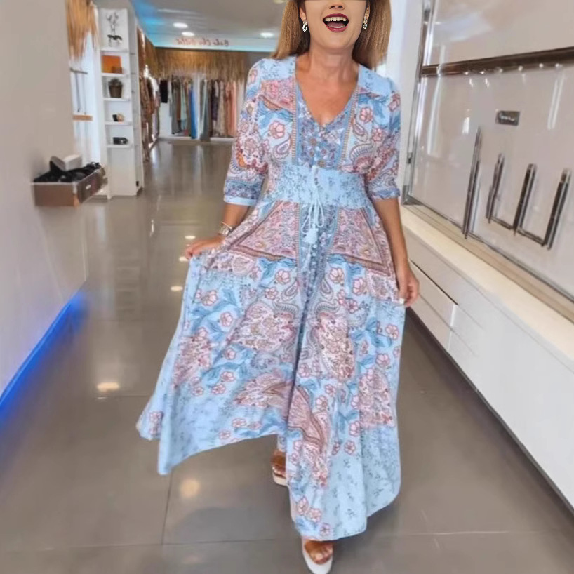 Women's Elegant New Floral V-Neck Slimming Waist Maxi Dress