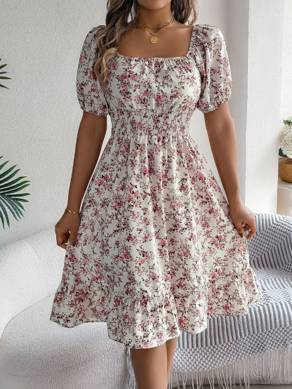 Women's Summer Square Neck Ruffle Puff Sleeve Boho Elastic Waist Smocked Flowy A Line Midi Dresses