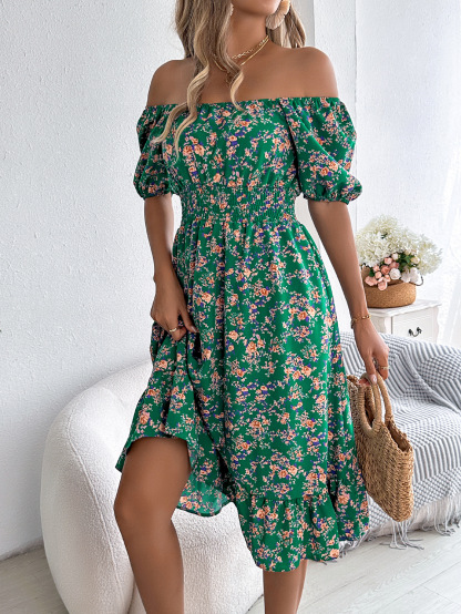 Women's Summer Square Neck Ruffle Puff Sleeve Boho Elastic Waist Smocked Flowy A Line Midi Dresses