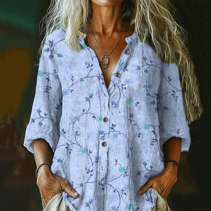 Bohemian Style Linen Floral Art Print Long Sleeve Shirt