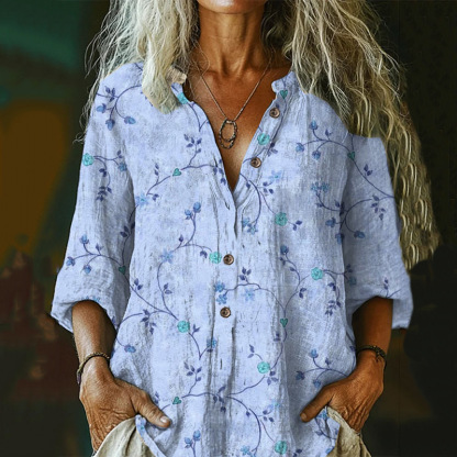 Bohemian Style Linen Floral Art Print Long Sleeve Shirt