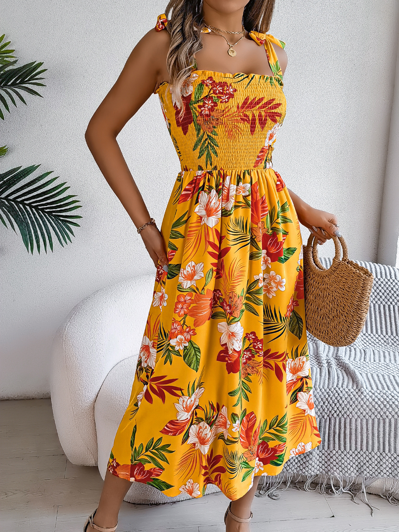 Women’s Elegant Floral Tie-Waist Spaghetti Strap Beach Maxi Dress