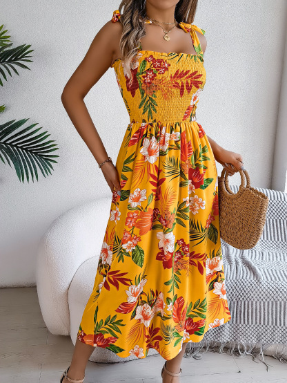 Women’s Elegant Floral Tie-Waist Spaghetti Strap Beach Maxi Dress