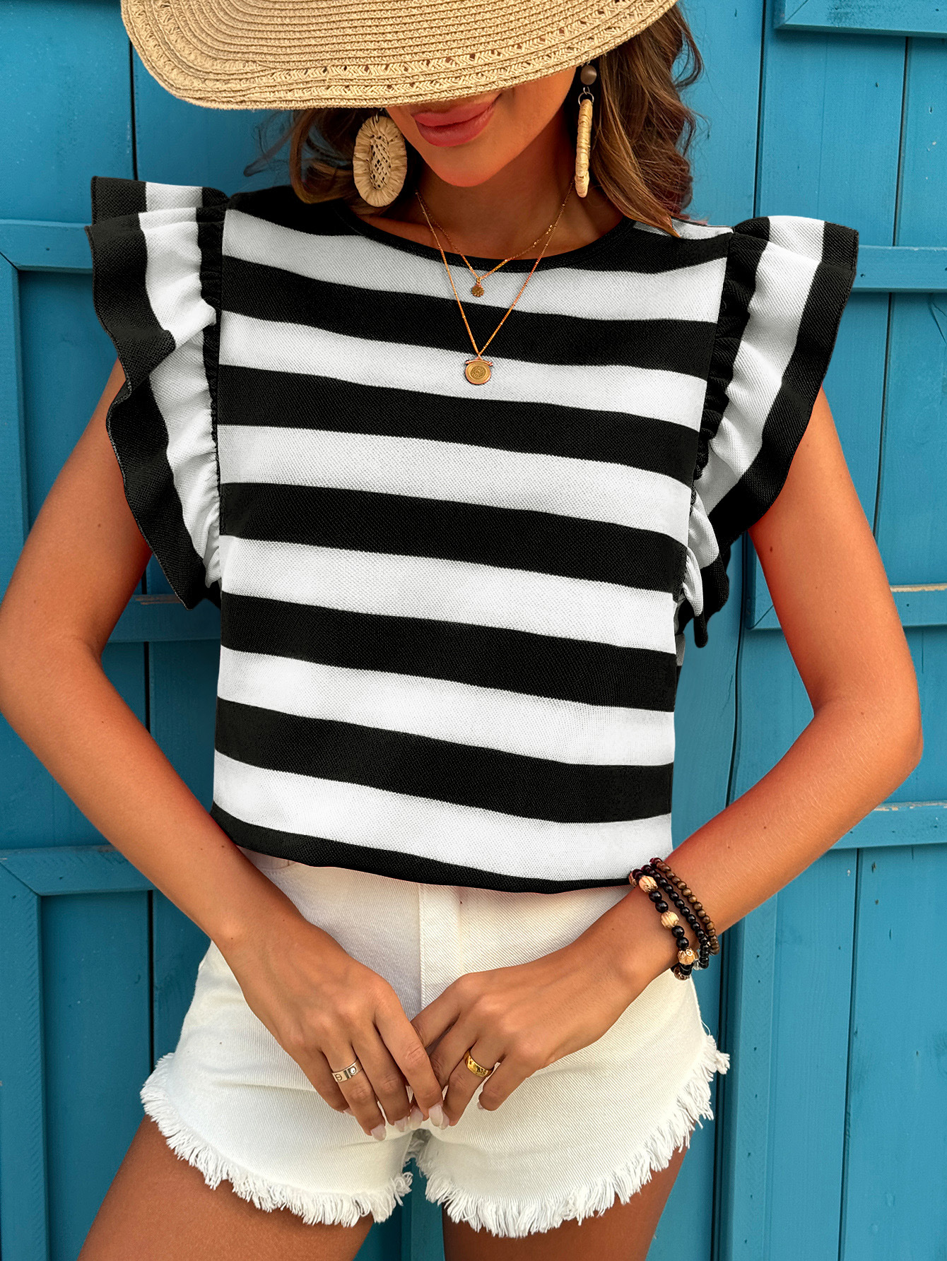 Women's Fashion Striped Short-Sleeve Ruffled Top