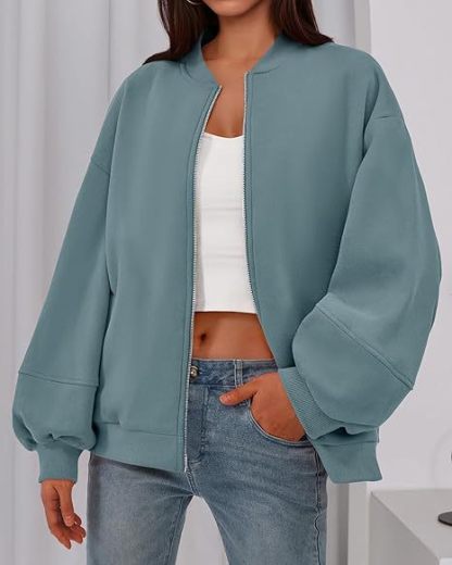 Women's Casual Zip-Up Jacket – Solid Color, Warm, Baseball Collar Design