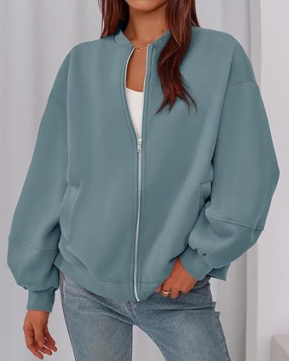 Women's Casual Zip-Up Jacket – Solid Color, Warm, Baseball Collar Design