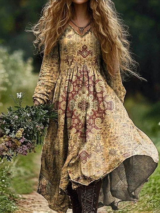 Vintage Floral Embroidery Women's Cotton Long Dress