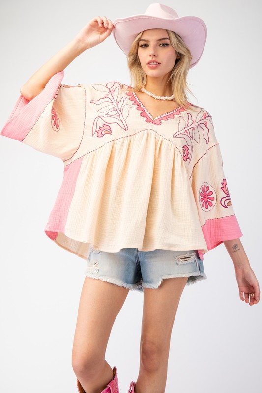 Women's Elegant V-Neck Patchwork Flared Sleeve Colorblock Loose Top